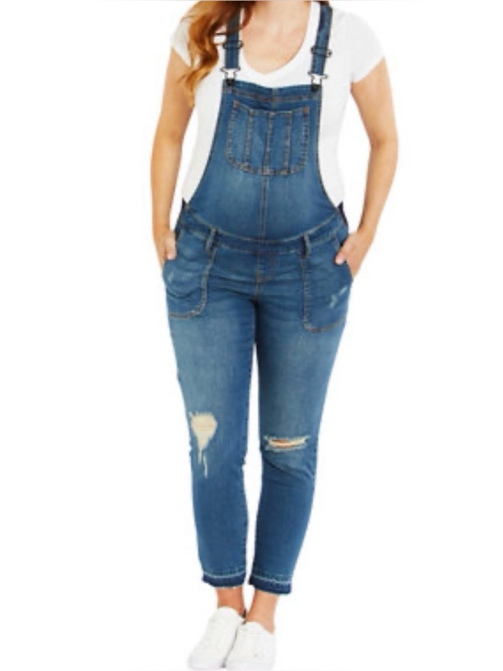 Women’s Indigo Blue Denim Blue maternity Distressed Overalls size small